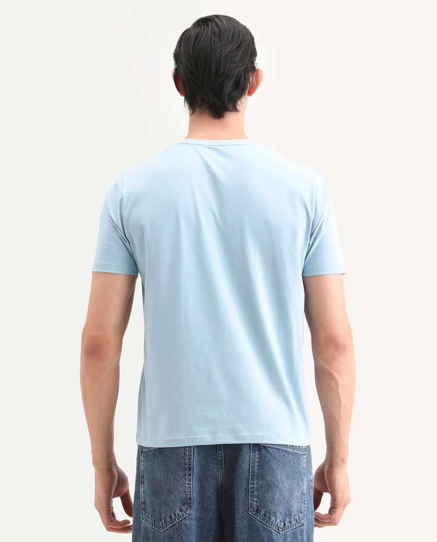 Rare Rabbit Men's Ront Light Blue Cotton Blend Fabric Half Sleeve Crew Neck Regular Fit Graphic Print T-Shirt