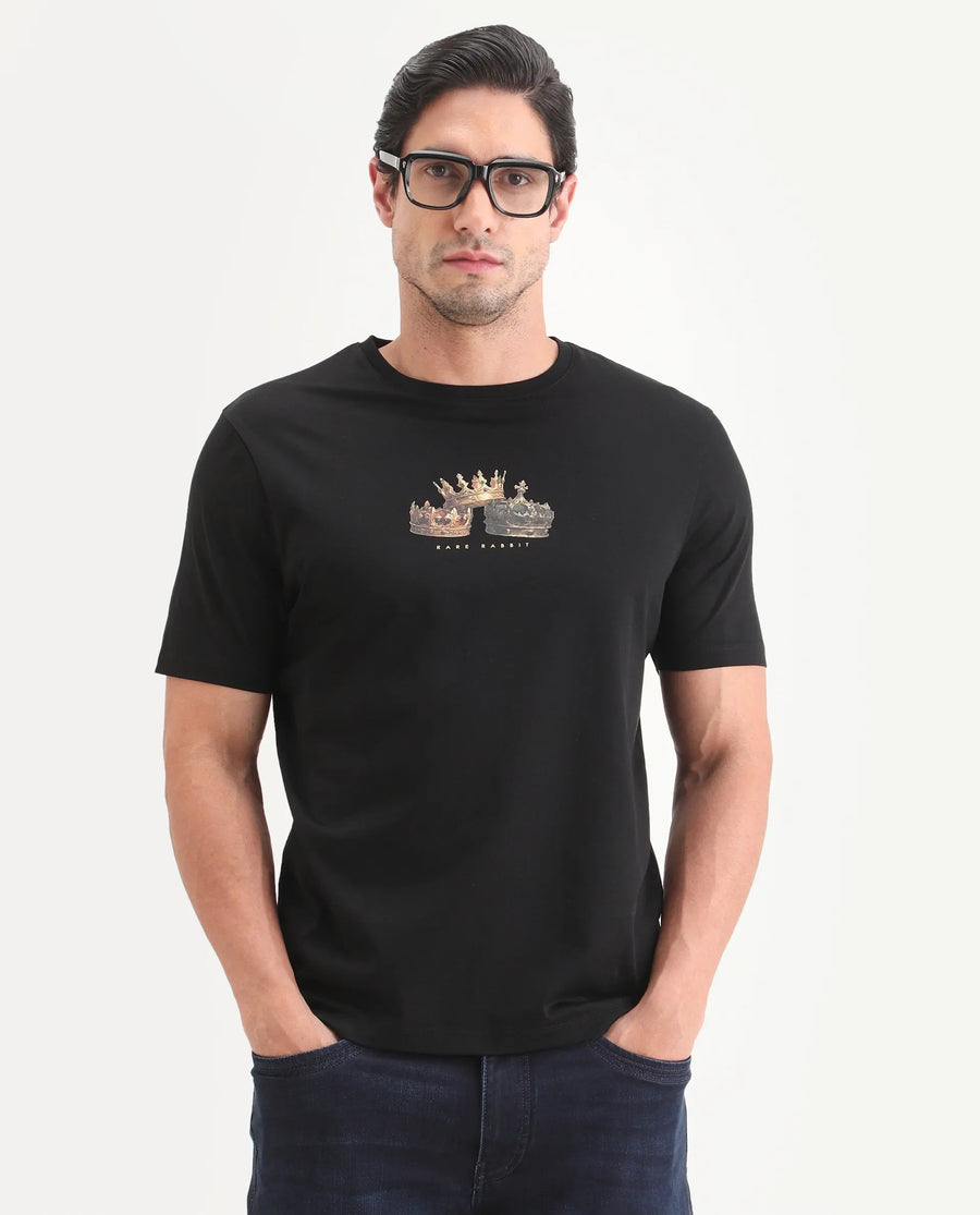 Rare Rabbit Men's Ronw Black Cotton Fabric Half Sleeve Crew Neck Regular Fit Graphic Print T-Shirt