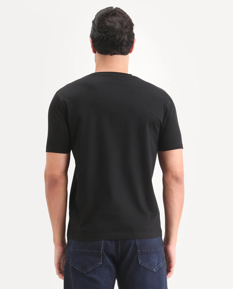 Rare Rabbit Men's Ronw Black Cotton Fabric Half Sleeve Crew Neck Regular Fit Graphic Print T-Shirt