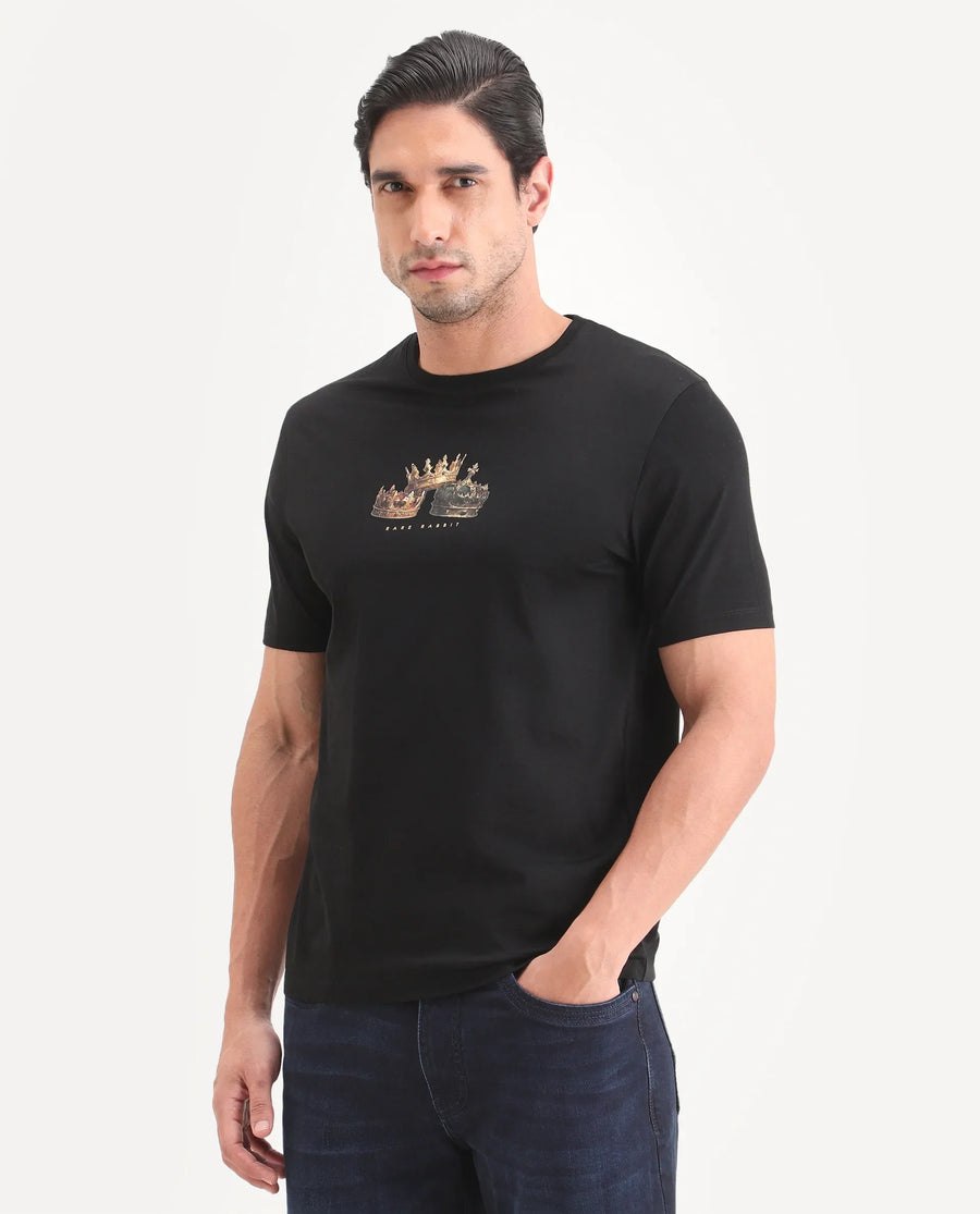 Rare Rabbit Men's Ronw Black Cotton Fabric Half Sleeve Crew Neck Regular Fit Graphic Print T-Shirt
