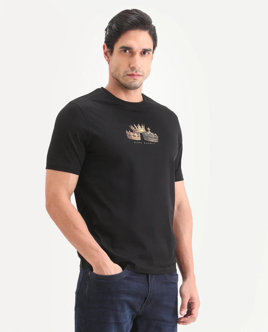 Rare Rabbit Men's Ronw Black Cotton Fabric Half Sleeve Crew Neck Regular Fit Graphic Print T-Shirt