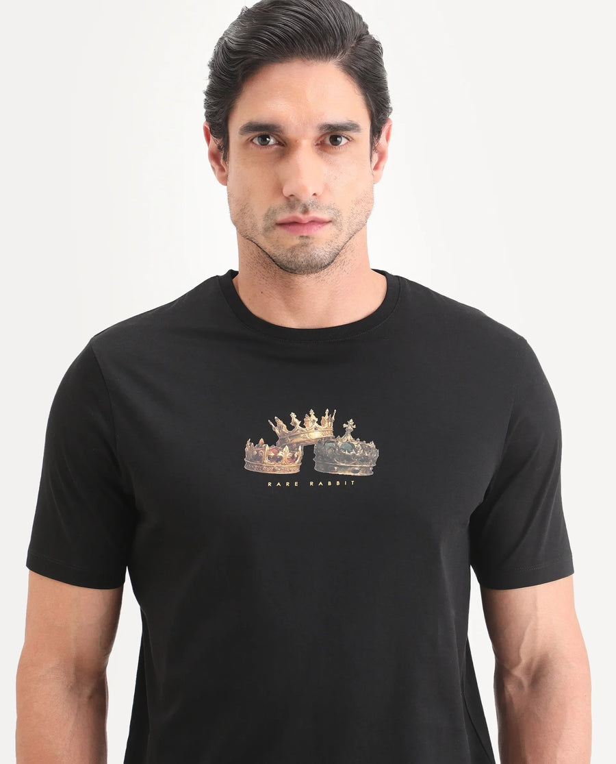 Rare Rabbit Men's Ronw Black Cotton Fabric Half Sleeve Crew Neck Regular Fit Graphic Print T-Shirt