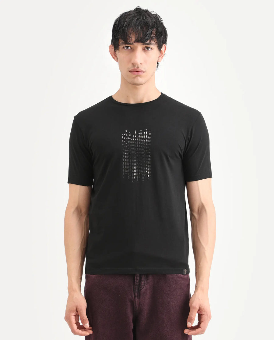 Rare Rabbit Men's Ruho Black Cotton Blend Fabric Half Sleeve Crew Neck Regular Fit Graphic Print T-Shirt