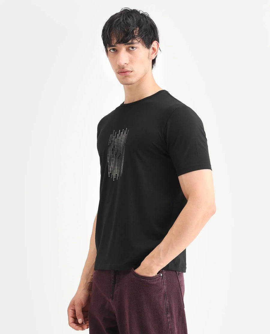 Rare Rabbit Men's Ruho Black Cotton Blend Fabric Half Sleeve Crew Neck Regular Fit Graphic Print T-Shirt