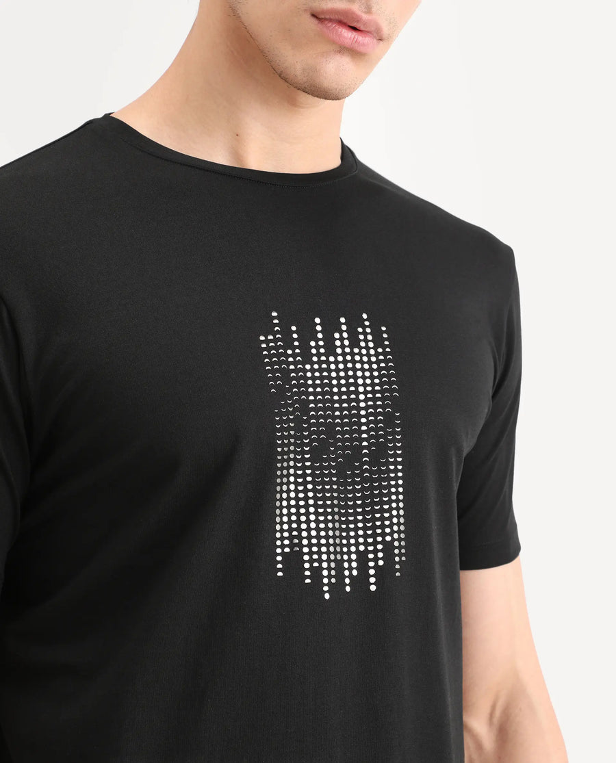 Rare Rabbit Men's Ruho Black Cotton Blend Fabric Half Sleeve Crew Neck Regular Fit Graphic Print T-Shirt
