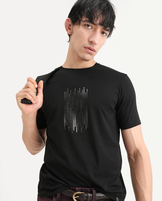 Rare Rabbit Men's Ruho Black Cotton Blend Fabric Half Sleeve Crew Neck Regular Fit Graphic Print T-Shirt