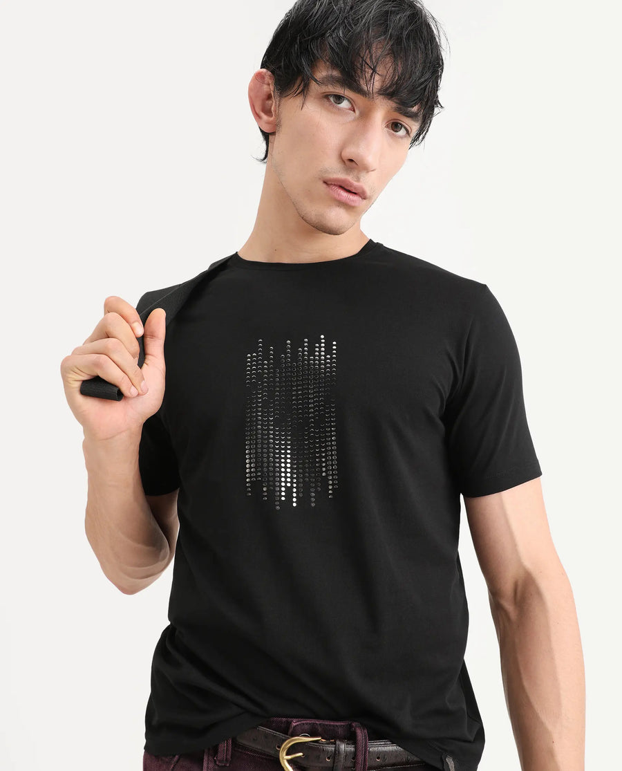 Rare Rabbit Men's Ruho Black Cotton Blend Fabric Half Sleeve Crew Neck Regular Fit Graphic Print T-Shirt