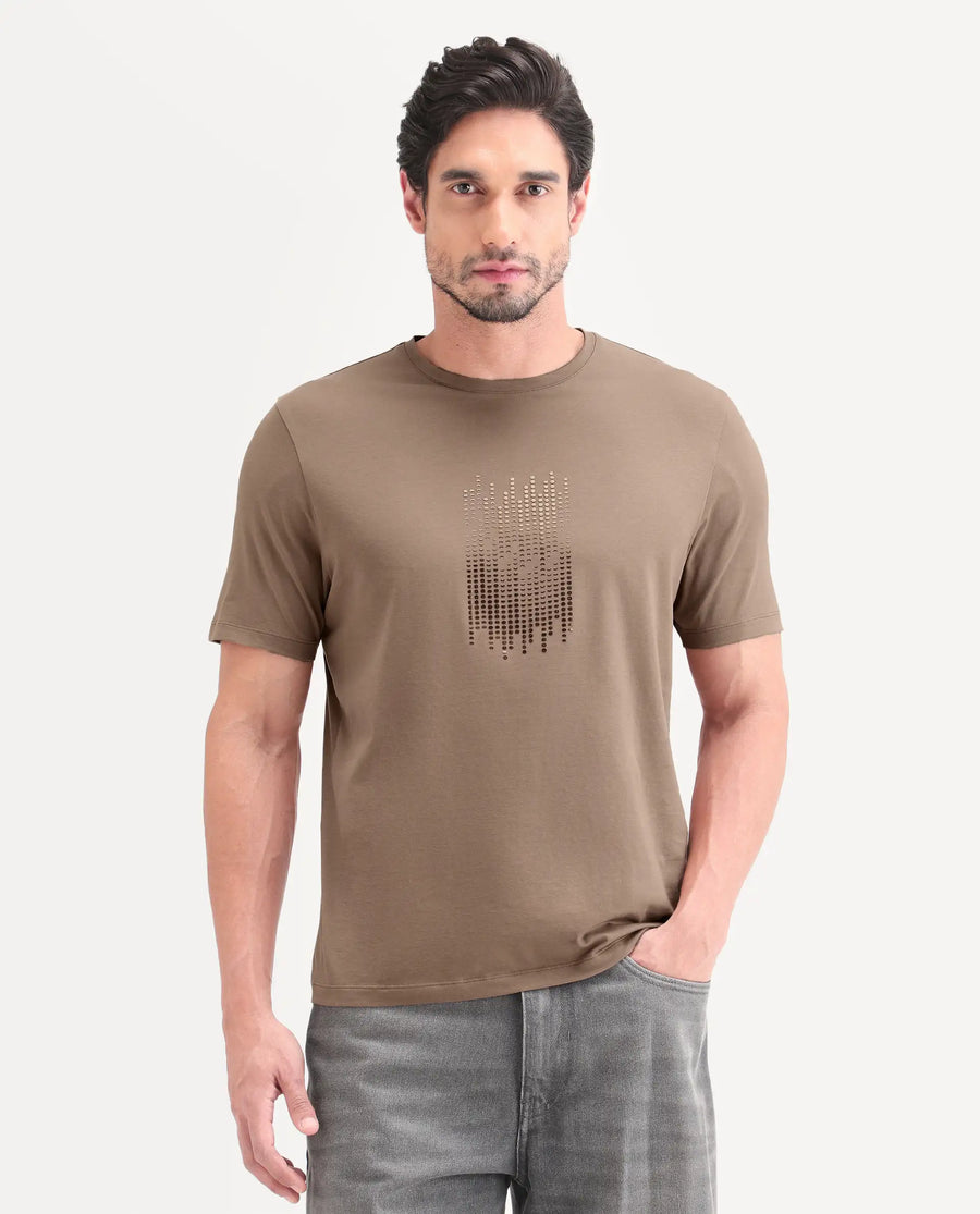 Rare Rabbit Men's Ruho Light Brown Cotton Blend Fabric Half Sleeve Crew Neck Regular Fit Graphic Print T-Shirt