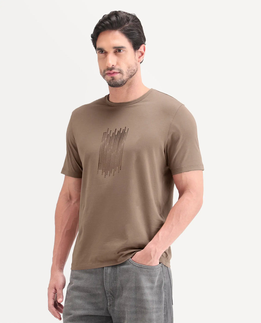 Rare Rabbit Men's Ruho Light Brown Cotton Blend Fabric Half Sleeve Crew Neck Regular Fit Graphic Print T-Shirt