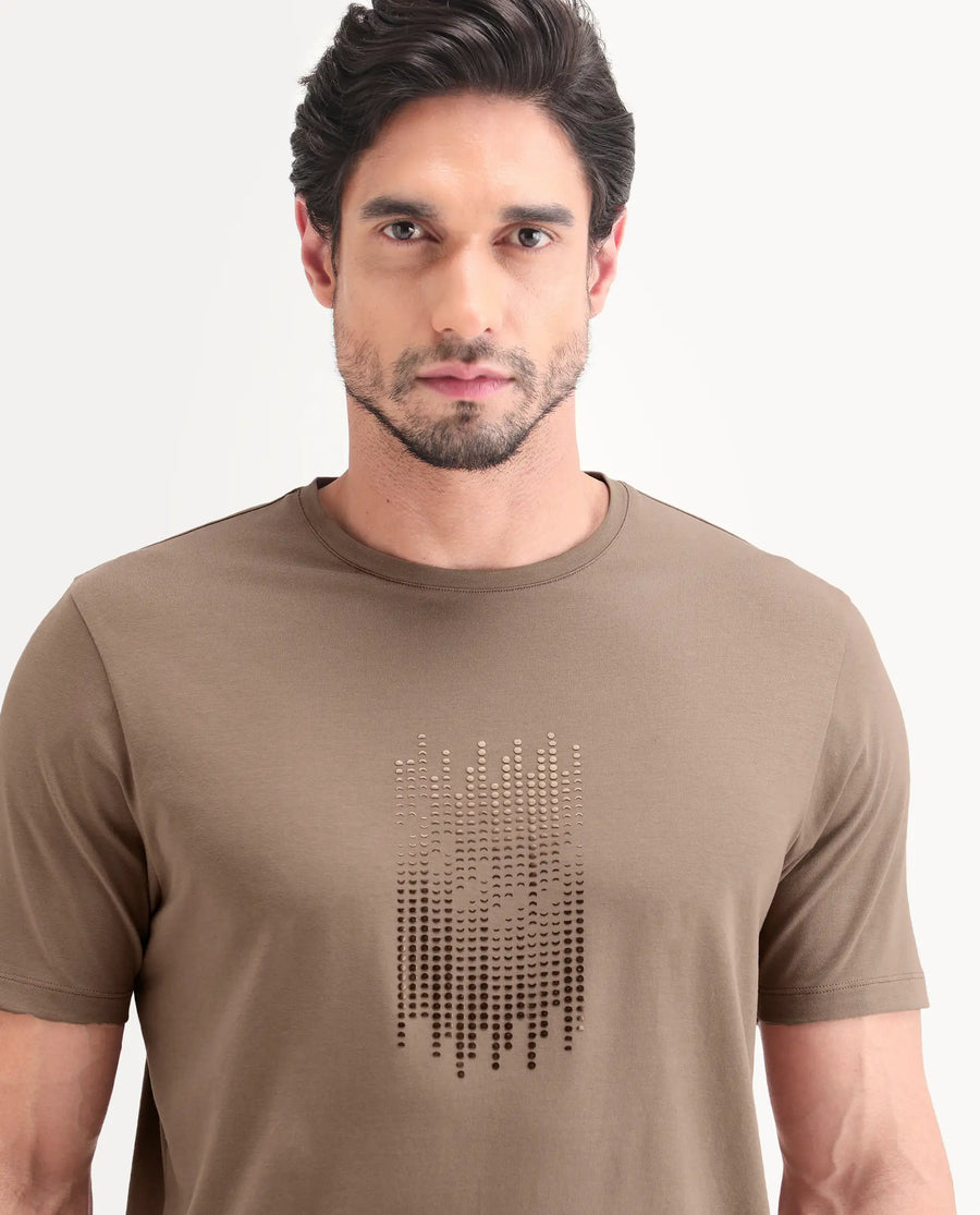 Rare Rabbit Men's Ruho Light Brown Cotton Blend Fabric Half Sleeve Crew Neck Regular Fit Graphic Print T-Shirt