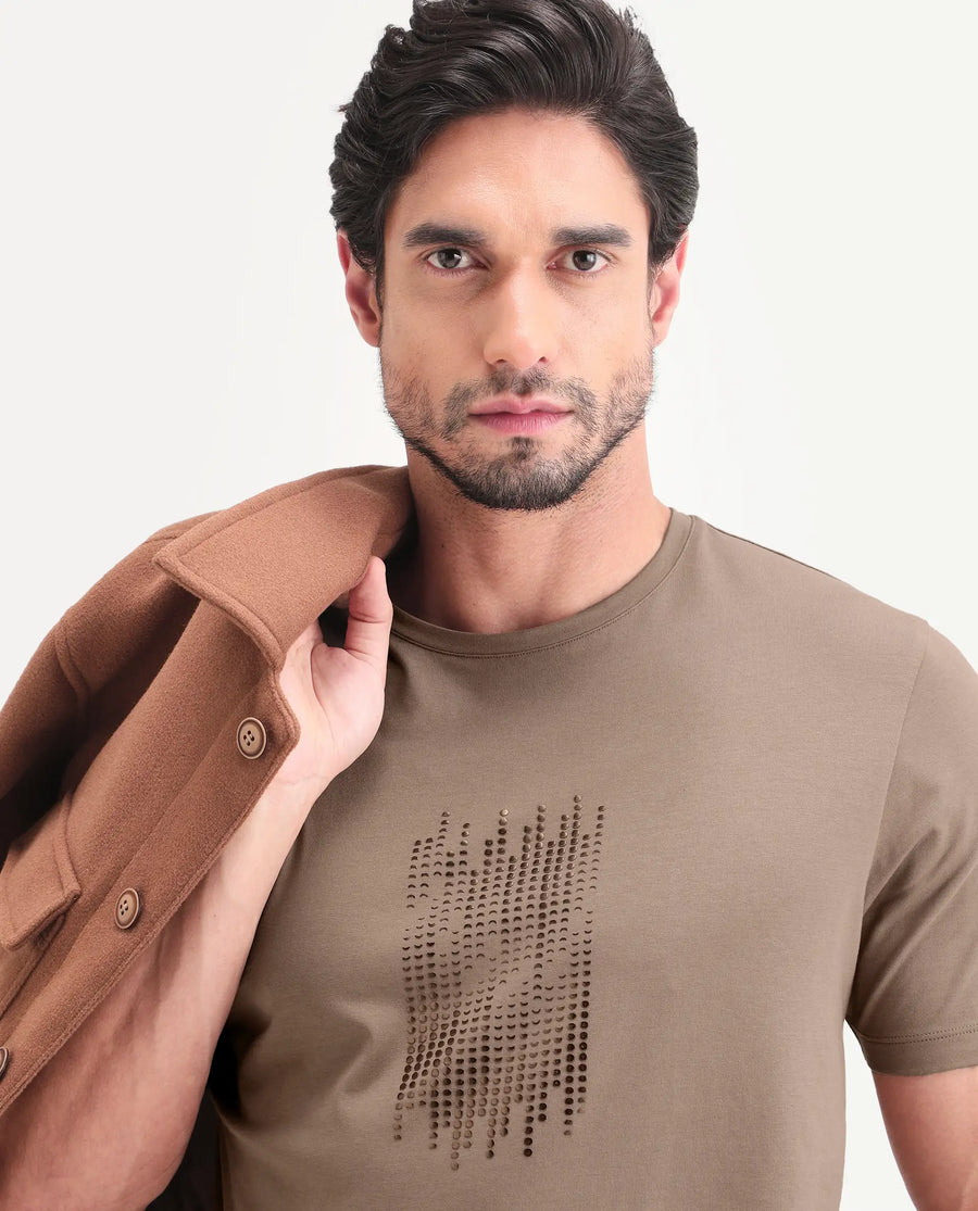 Rare Rabbit Men's Ruho Light Brown Cotton Blend Fabric Half Sleeve Crew Neck Regular Fit Graphic Print T-Shirt