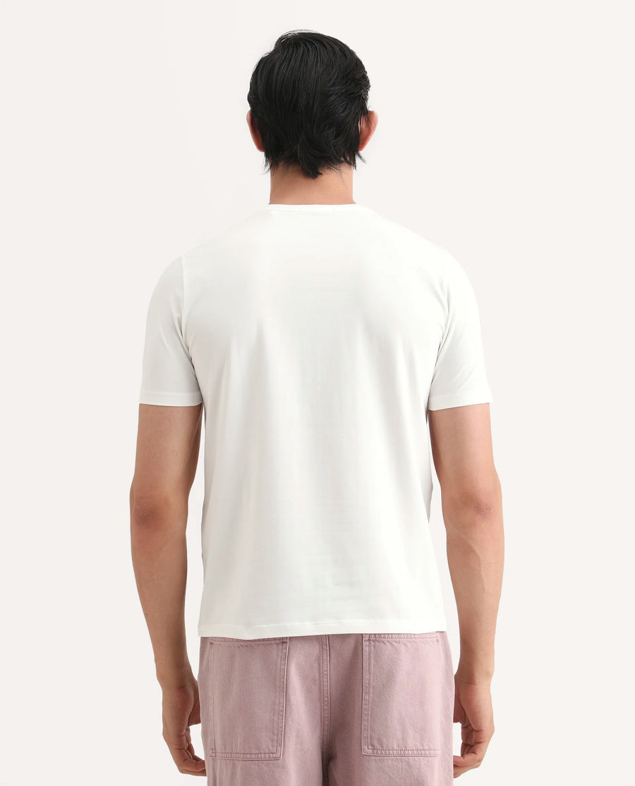 Rare Rabbit Men's Rush Off White Cotton Blend Fabric Half Sleeve Crew Neck Regular Fit Graphic Print T-Shirt