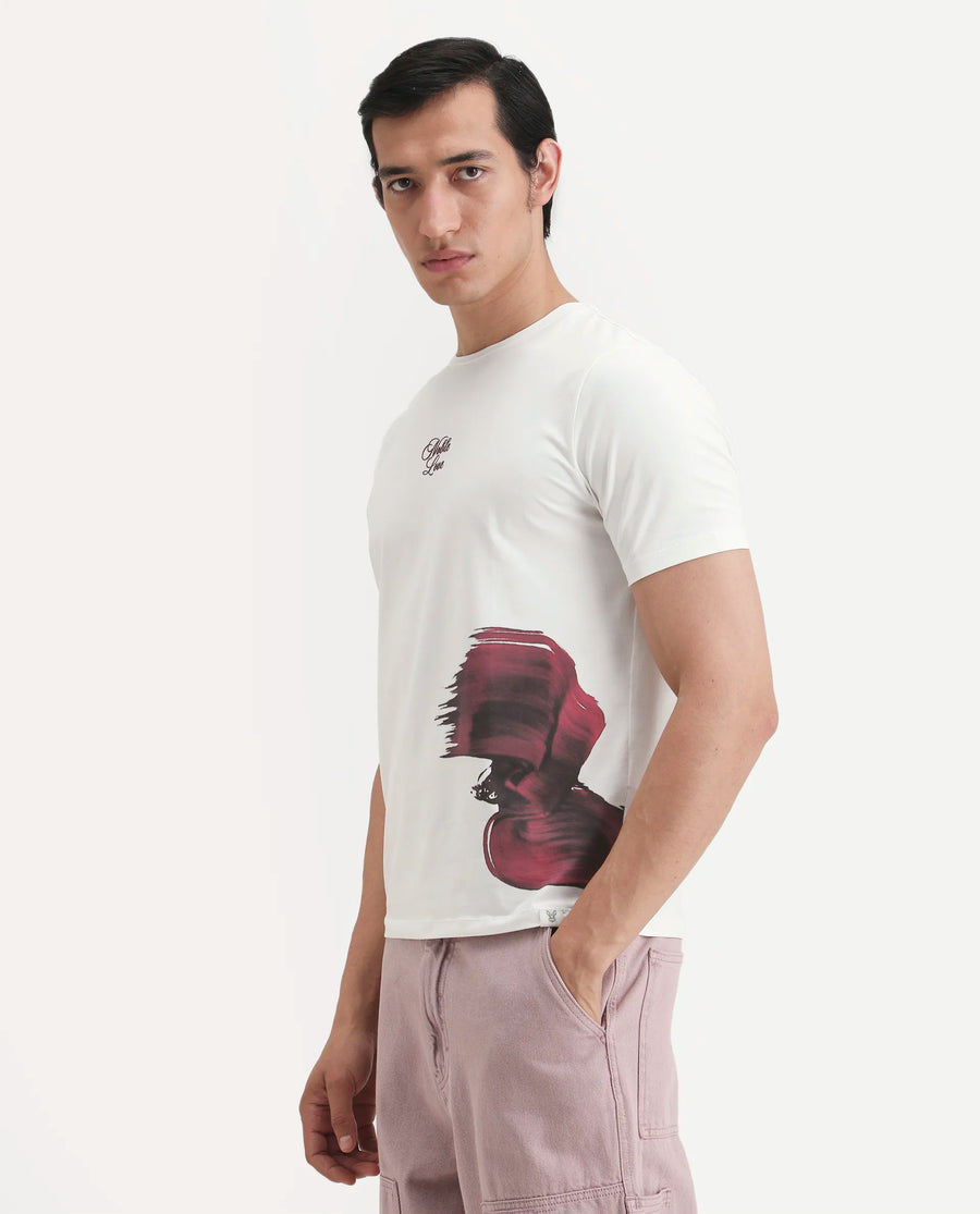 Rare Rabbit Men's Rush Off White Cotton Blend Fabric Half Sleeve Crew Neck Regular Fit Graphic Print T-Shirt