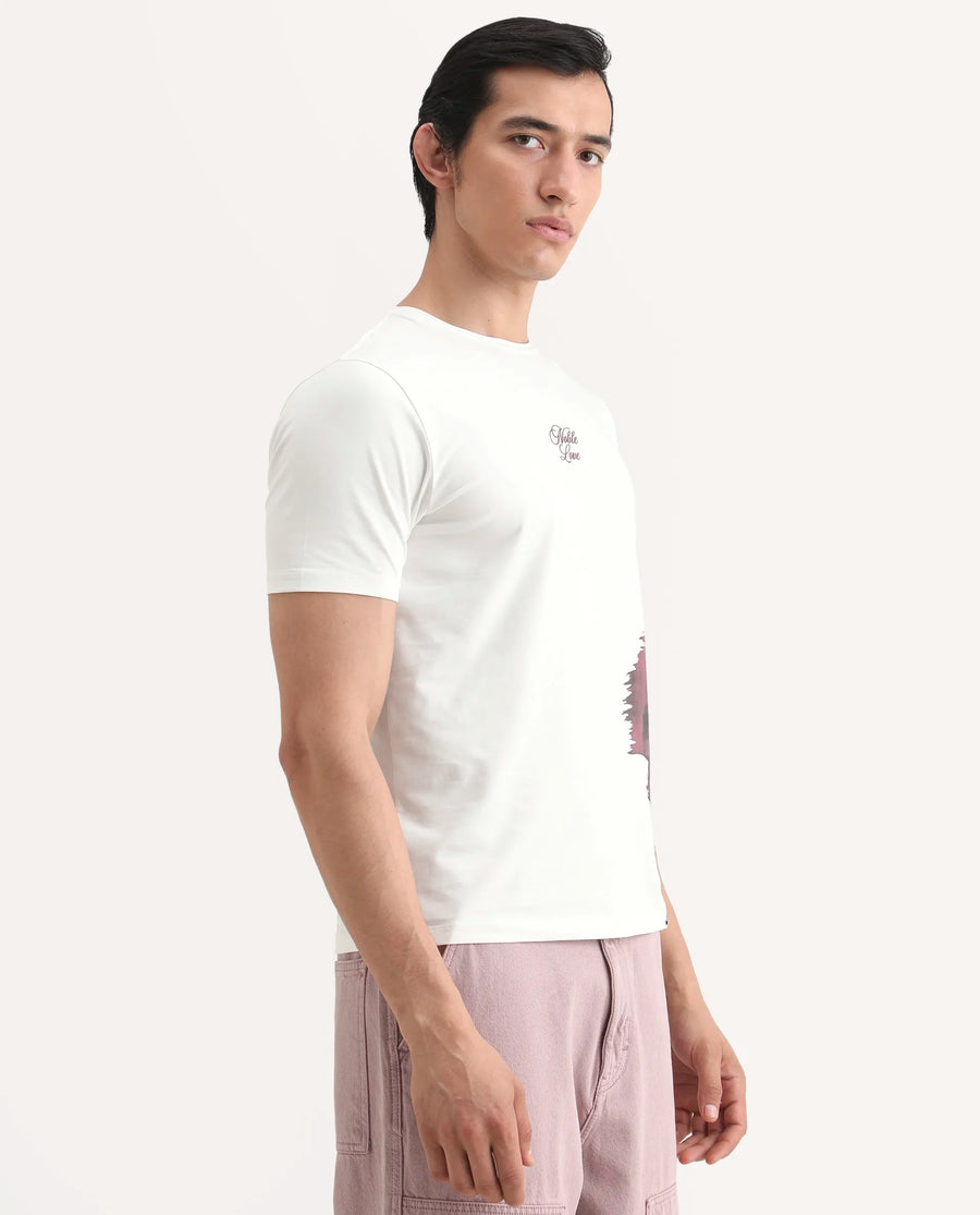 Rare Rabbit Men's Rush Off White Cotton Blend Fabric Half Sleeve Crew Neck Regular Fit Graphic Print T-Shirt