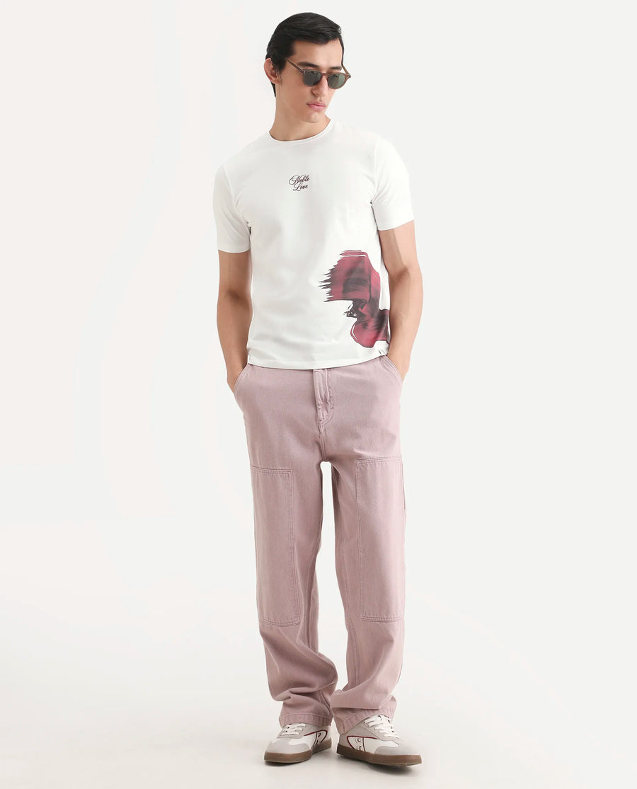 Rare Rabbit Men's Rush Off White Cotton Blend Fabric Half Sleeve Crew Neck Regular Fit Graphic Print T-Shirt