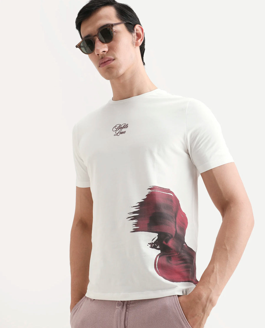 Rare Rabbit Men's Rush Off White Cotton Blend Fabric Half Sleeve Crew Neck Regular Fit Graphic Print T-Shirt