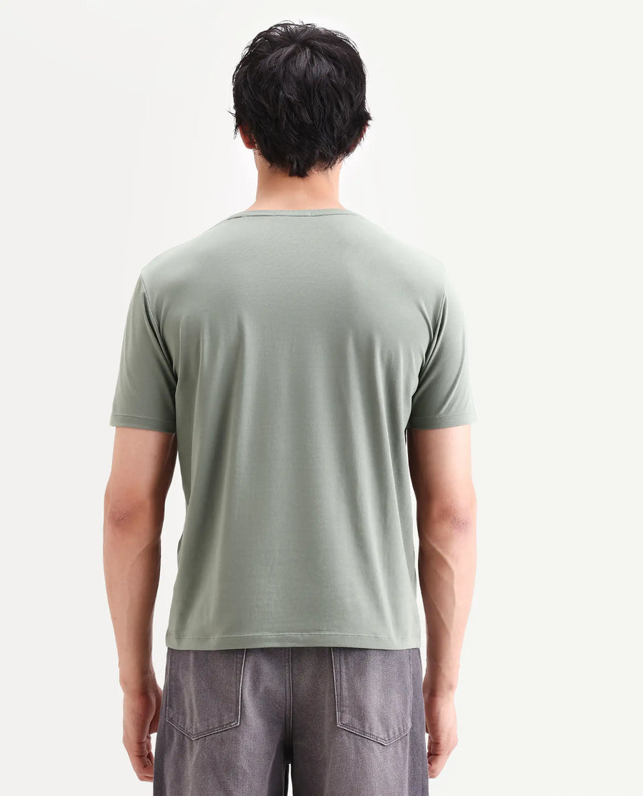 Rare Rabbit Men's Sea Dusky Olive Cotton Blend Fabric Half Sleeve Crew Neck Regular Fit Graphic Print T-Shirt