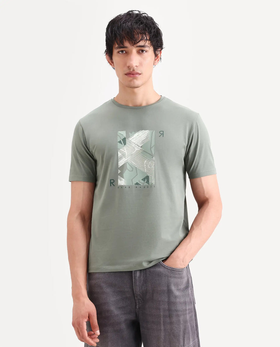 Rare Rabbit Men's Sea Dusky Olive Cotton Blend Fabric Half Sleeve Crew Neck Regular Fit Graphic Print T-Shirt