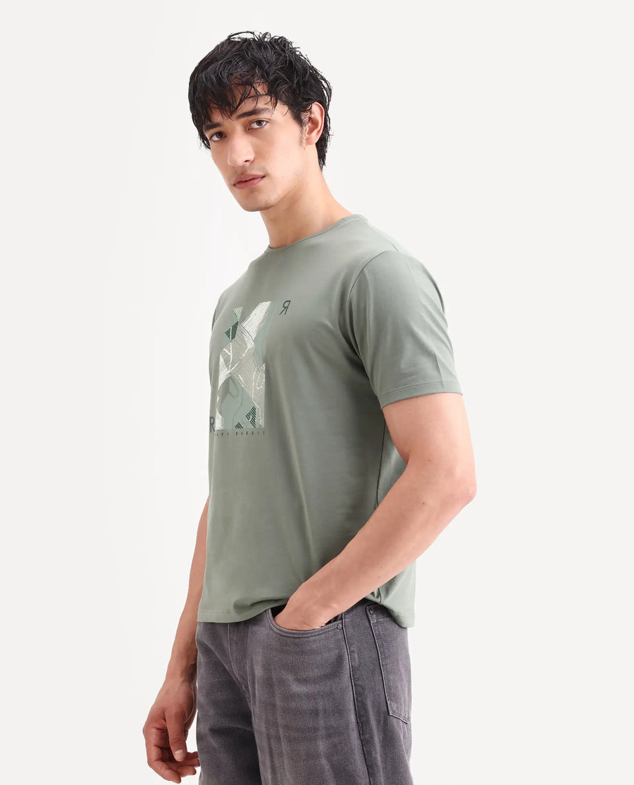 Rare Rabbit Men's Sea Dusky Olive Cotton Blend Fabric Half Sleeve Crew Neck Regular Fit Graphic Print T-Shirt