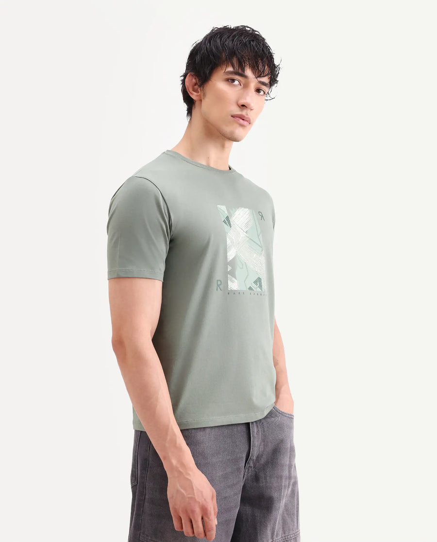 Rare Rabbit Men's Sea Dusky Olive Cotton Blend Fabric Half Sleeve Crew Neck Regular Fit Graphic Print T-Shirt