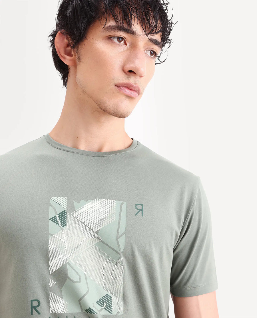 Rare Rabbit Men's Sea Dusky Olive Cotton Blend Fabric Half Sleeve Crew Neck Regular Fit Graphic Print T-Shirt