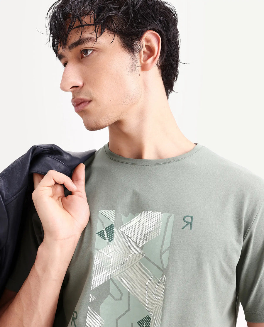 Rare Rabbit Men's Sea Dusky Olive Cotton Blend Fabric Half Sleeve Crew Neck Regular Fit Graphic Print T-Shirt