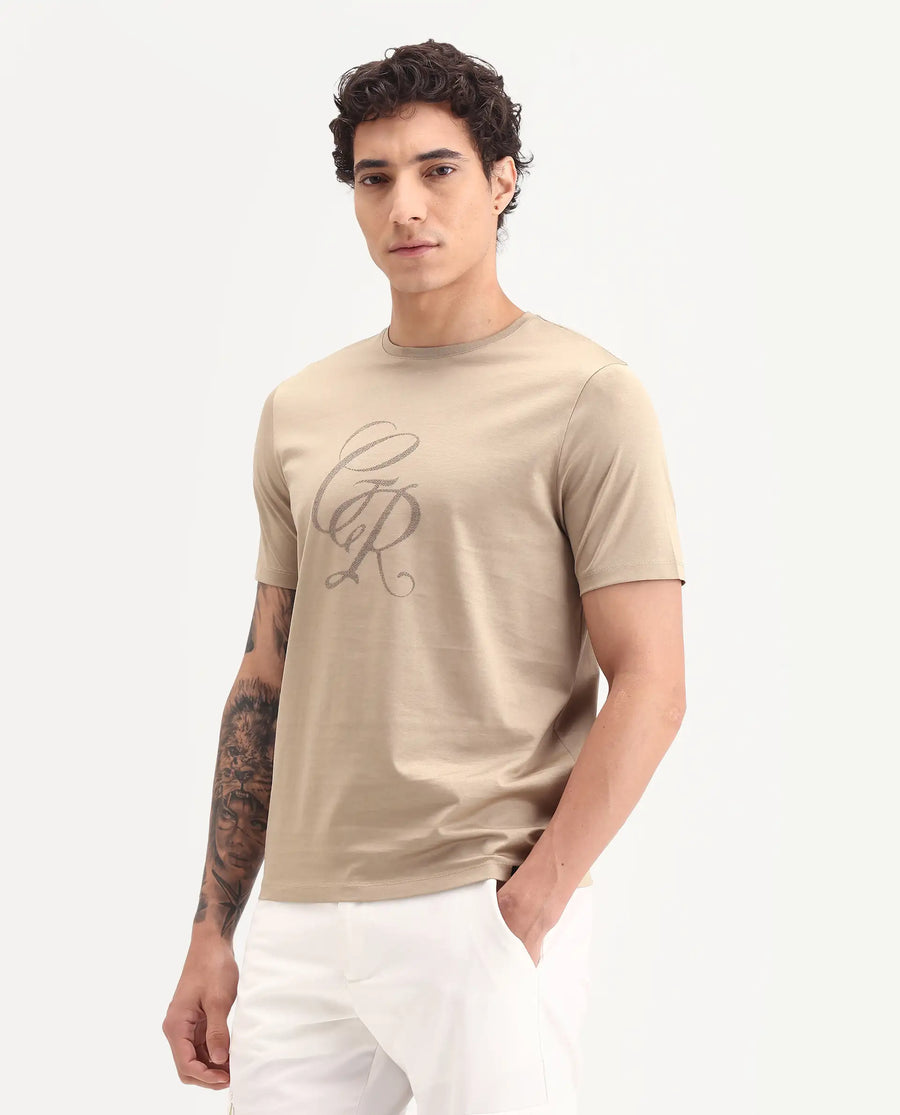 Rare Rabbit Men's Spear Dusky Beige Cotton Fabric Half Sleeve Crew Neck Regular Fit Graphic Print T-Shirt