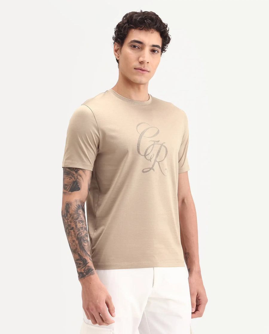 Rare Rabbit Men's Spear Dusky Beige Cotton Fabric Half Sleeve Crew Neck Regular Fit Graphic Print T-Shirt