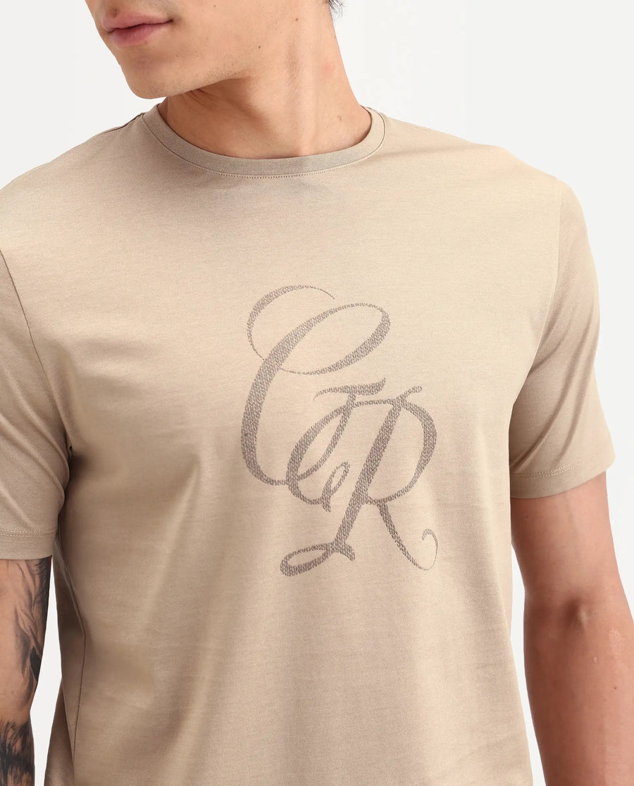 Rare Rabbit Men's Spear Dusky Beige Cotton Fabric Half Sleeve Crew Neck Regular Fit Graphic Print T-Shirt