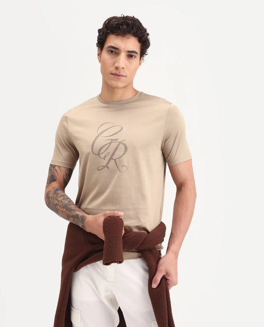 Rare Rabbit Men's Spear Dusky Beige Cotton Fabric Half Sleeve Crew Neck Regular Fit Graphic Print T-Shirt