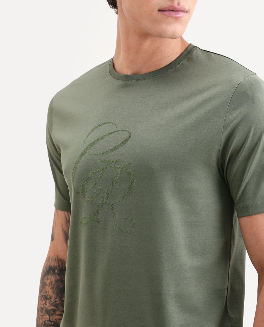 Rare Rabbit Men's Spear Dusky Olive Cotton Fabric Half Sleeve Crew Neck Regular Fit Graphic Print T-Shirt