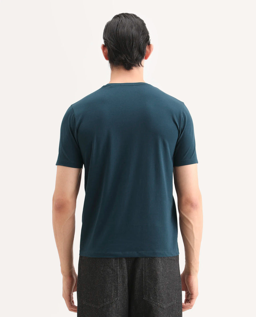 Rare Rabbit Men's Spur Teal Cotton Blend Fabric Half Sleeve Crew Neck Regular Fit Graphic Print T-Shirt