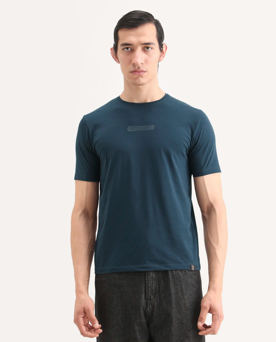 Rare Rabbit Men's Spur Teal Cotton Blend Fabric Half Sleeve Crew Neck Regular Fit Graphic Print T-Shirt