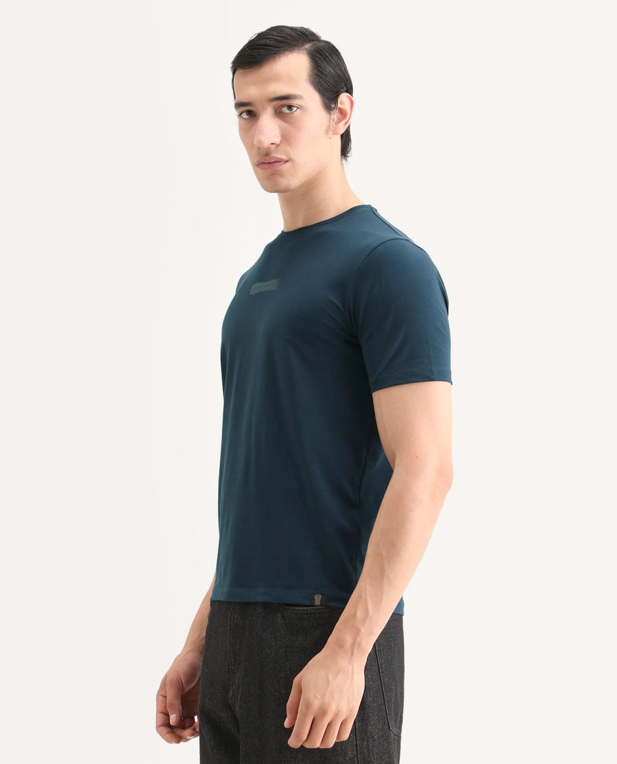 Rare Rabbit Men's Spur Teal Cotton Blend Fabric Half Sleeve Crew Neck Regular Fit Graphic Print T-Shirt