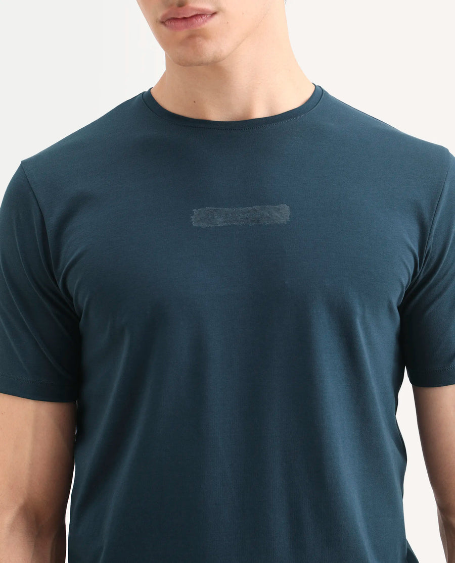 Rare Rabbit Men's Spur Teal Cotton Blend Fabric Half Sleeve Crew Neck Regular Fit Graphic Print T-Shirt