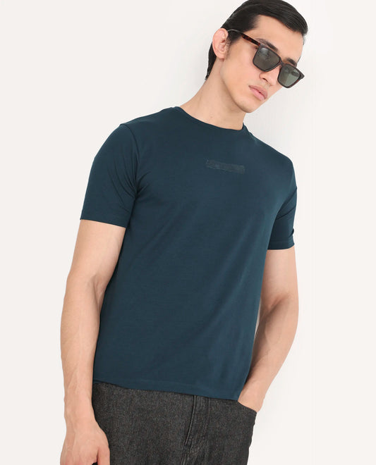 Rare Rabbit Men's Spur Teal Cotton Blend Fabric Half Sleeve Crew Neck Regular Fit Graphic Print T-Shirt