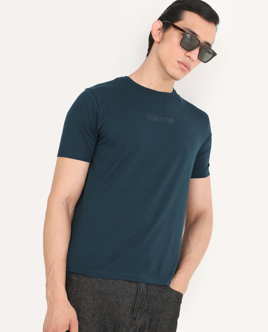 Rare Rabbit Men's Spur Teal Cotton Blend Fabric Half Sleeve Crew Neck Regular Fit Graphic Print T-Shirt