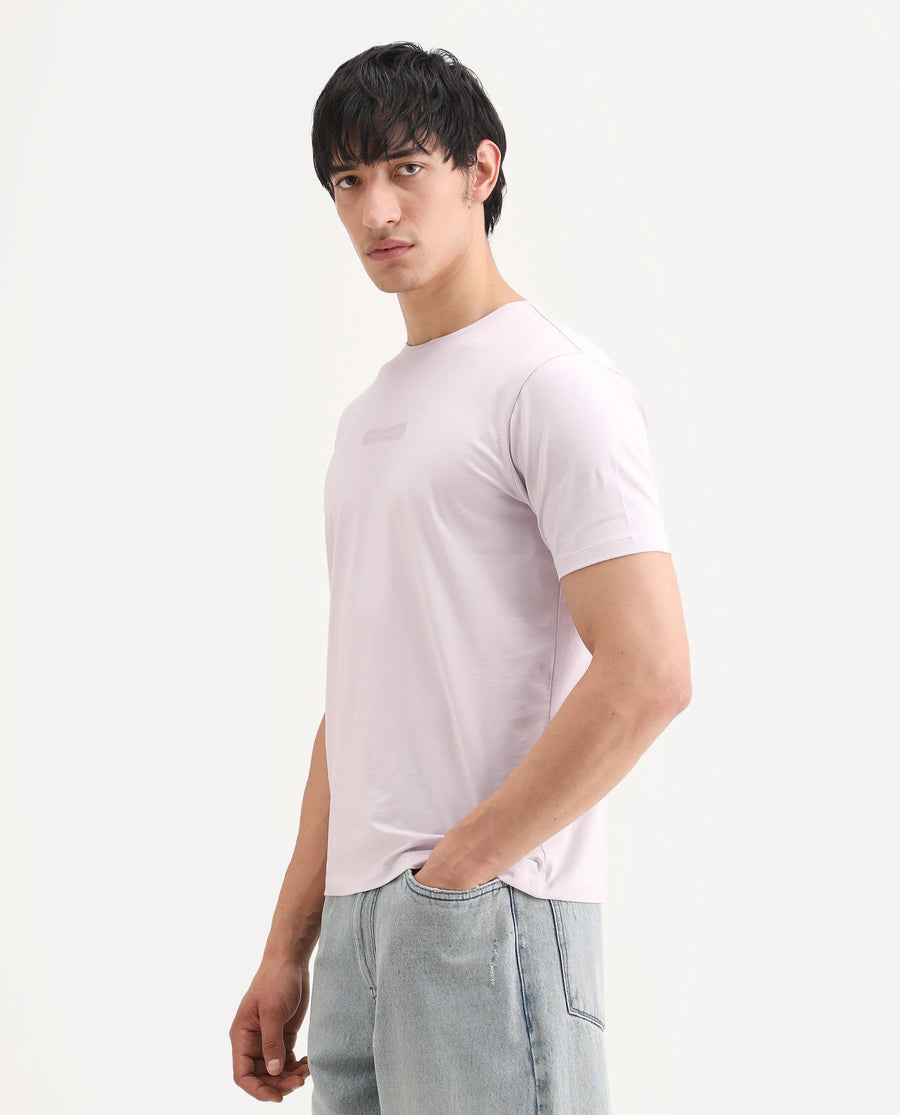 Rare Rabbit Men's Spur Pastel Pink Cotton Blend Fabric Half Sleeve Crew Neck Regular Fit Graphic Print T-Shirt
