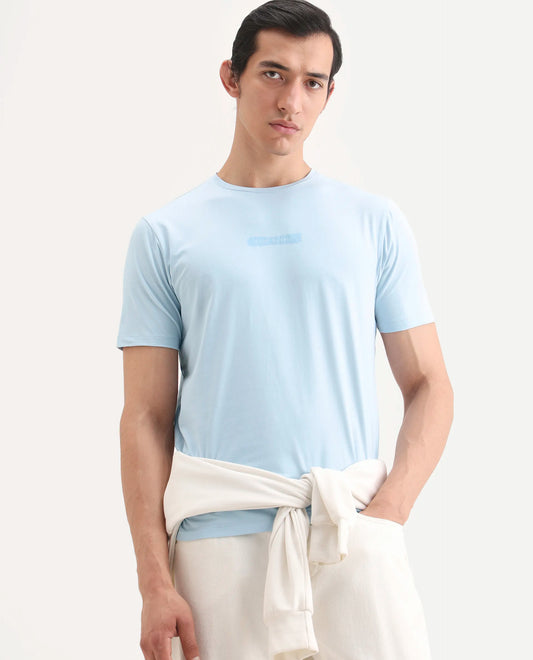 Rare Rabbit Men's Spur Light Blue Cotton Blend Fabric Half Sleeve Crew Neck Regular Fit Graphic Print T-Shirt