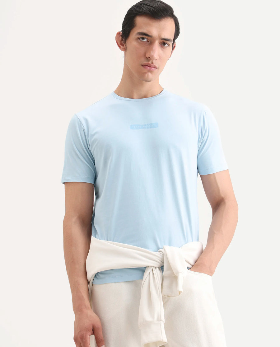 Rare Rabbit Men's Spur Light Blue Cotton Blend Fabric Half Sleeve Crew Neck Regular Fit Graphic Print T-Shirt