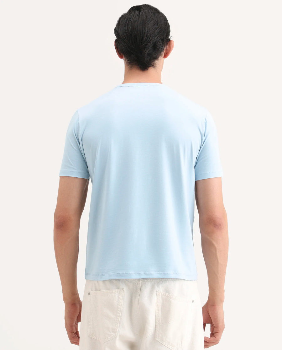 Rare Rabbit Men's Spur Light Blue Cotton Blend Fabric Half Sleeve Crew Neck Regular Fit Graphic Print T-Shirt