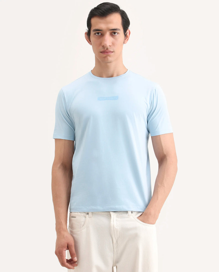 Rare Rabbit Men's Spur Light Blue Cotton Blend Fabric Half Sleeve Crew Neck Regular Fit Graphic Print T-Shirt