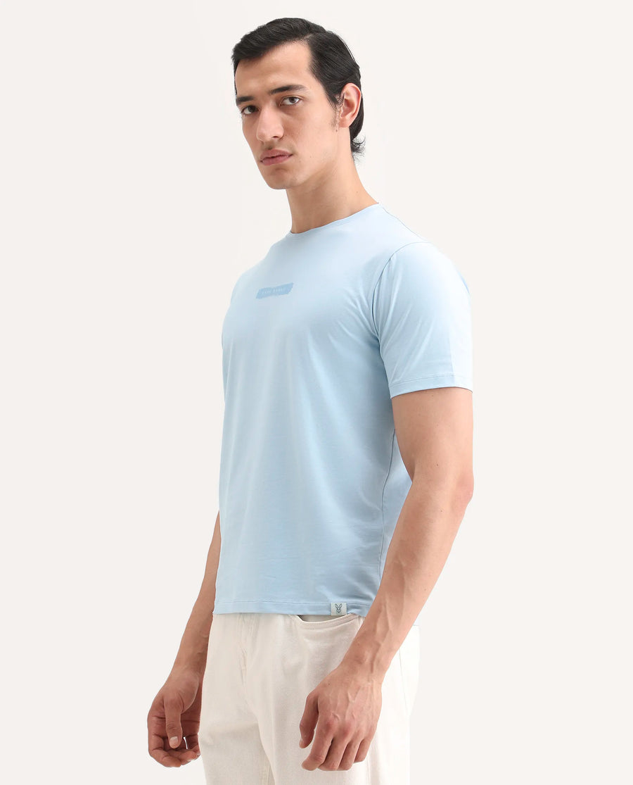 Rare Rabbit Men's Spur Light Blue Cotton Blend Fabric Half Sleeve Crew Neck Regular Fit Graphic Print T-Shirt