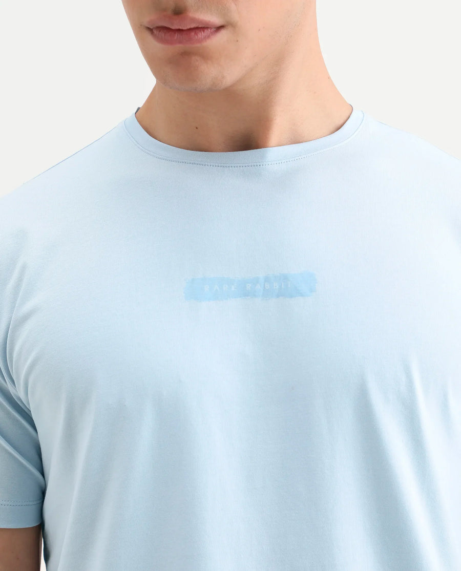 Rare Rabbit Men's Spur Light Blue Cotton Blend Fabric Half Sleeve Crew Neck Regular Fit Graphic Print T-Shirt