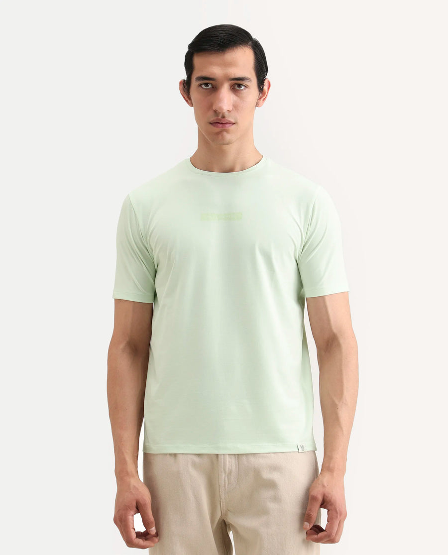 Rare Rabbit Men's Spur Light Green Cotton Blend Fabric Half Sleeve Crew Neck Regular Fit Graphic Print T-Shirt