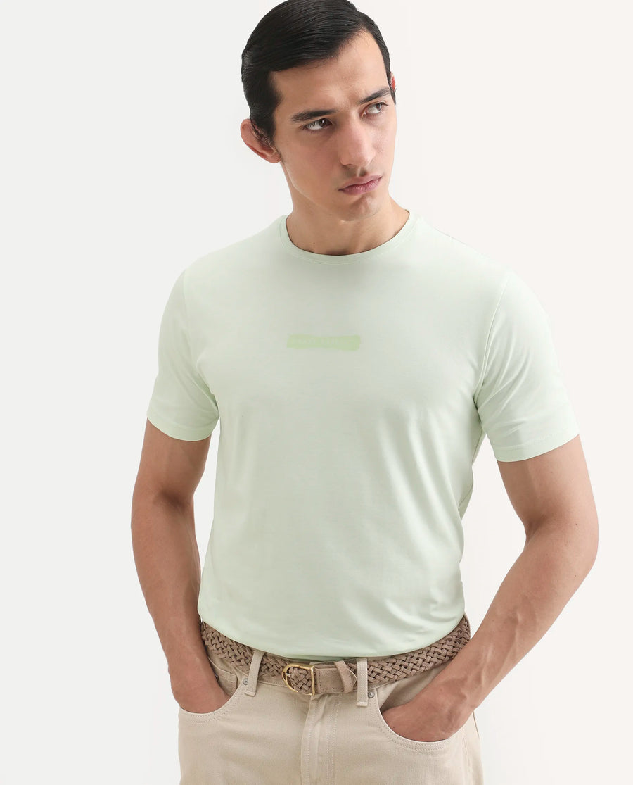Rare Rabbit Men's Spur Light Green Cotton Blend Fabric Half Sleeve Crew Neck Regular Fit Graphic Print T-Shirt