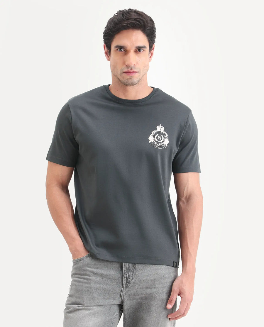 Rare Rabbit Men's Tiro Dark Grey Cotton Fabric Half Sleeve Crew Neck Regular Fit Graphic Print T-Shirt