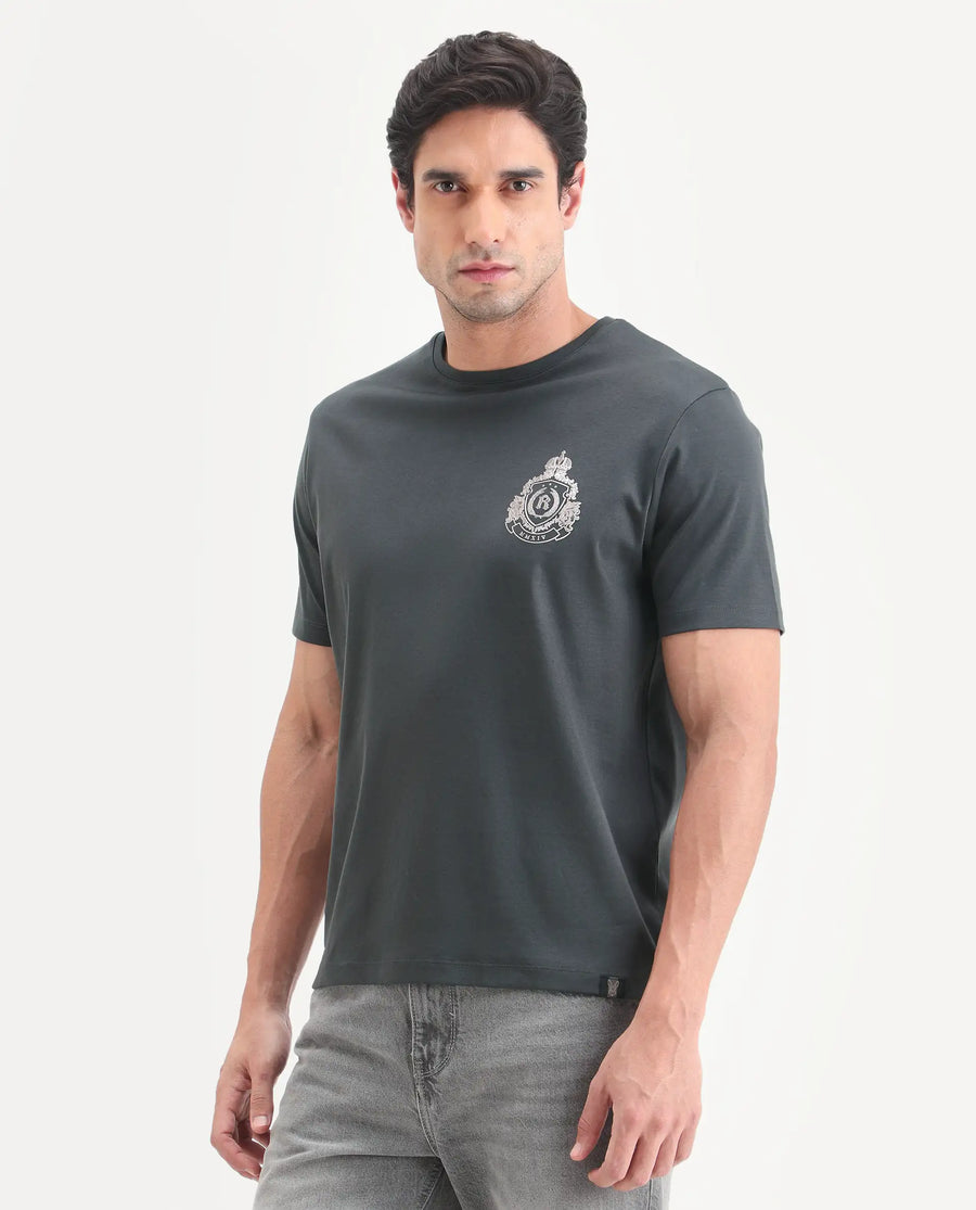 Rare Rabbit Men's Tiro Dark Grey Cotton Fabric Half Sleeve Crew Neck Regular Fit Graphic Print T-Shirt