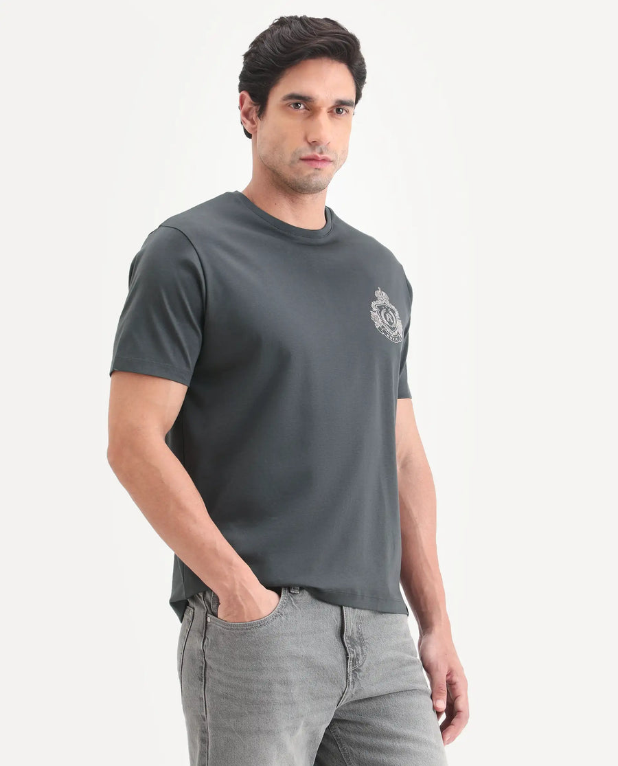 Rare Rabbit Men's Tiro Dark Grey Cotton Fabric Half Sleeve Crew Neck Regular Fit Graphic Print T-Shirt