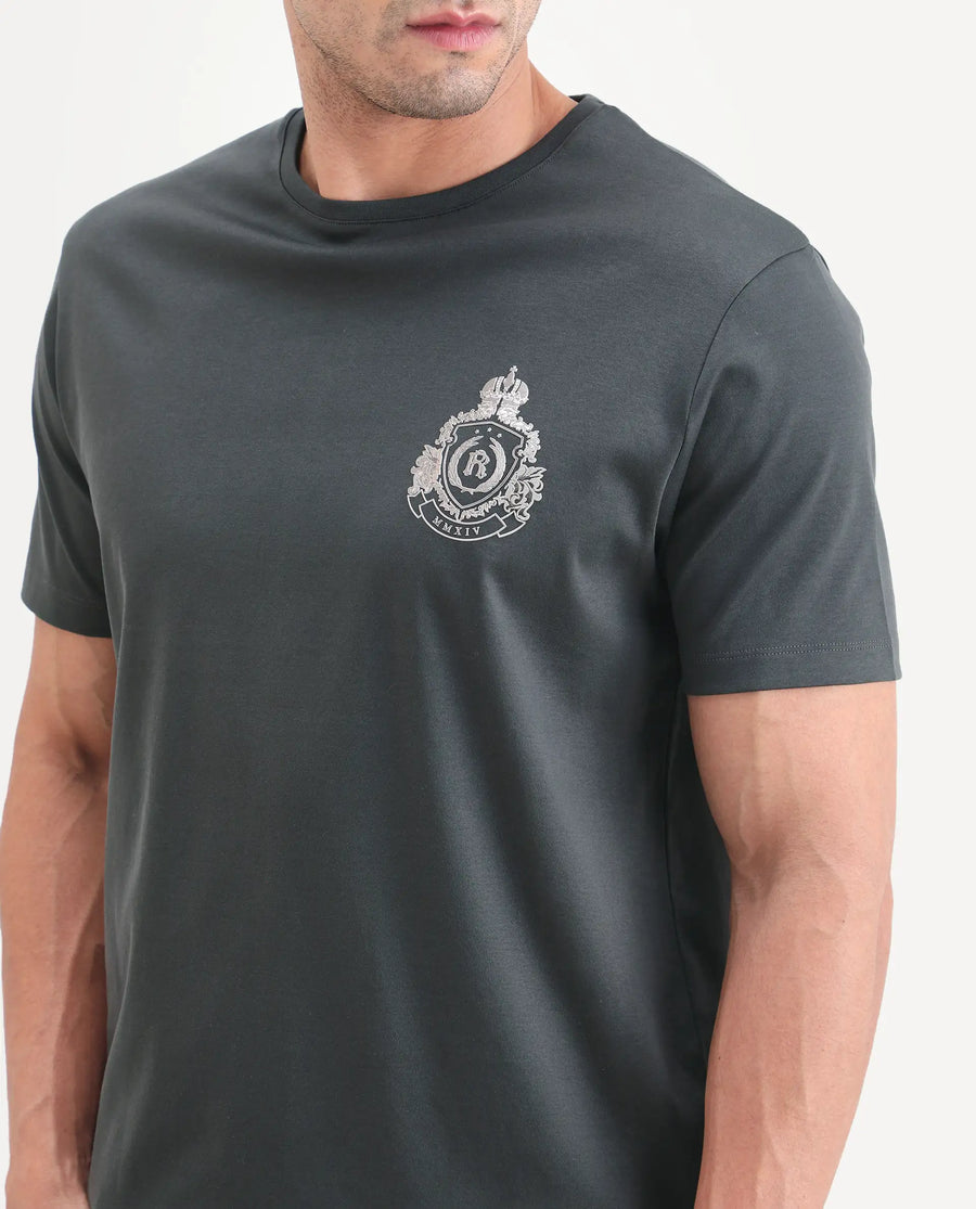 Rare Rabbit Men's Tiro Dark Grey Cotton Fabric Half Sleeve Crew Neck Regular Fit Graphic Print T-Shirt